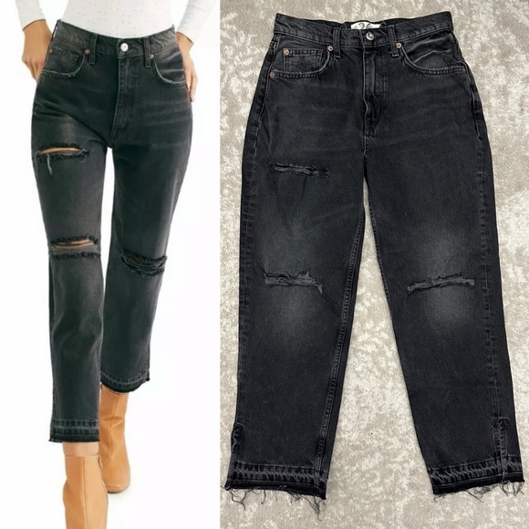 Free People Lita High Rise Black Jeans | Distressed Baggy Mom Jean Boho Ankle - Picture 1 of 12